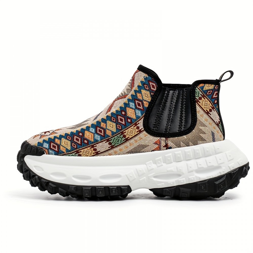 Men'S All-Season Hiking Shoes - Slip-On/Lace-Up Closure, Breathable Fabric Upper & Non-Slip PVC Outsole, Mid-Calf Support for Outdoor, Gym, Everyday - Beige/Blue/Black/Red/White/ - Durable Trekking Shoes for Men, Outdoor Footwear, Geometric Pattern, Secure Fit, Versatile Footwear, Active Lifestyle, Shoe For Men High Quality