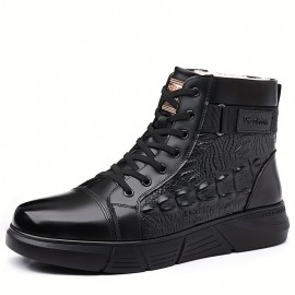 Men's Genuine Leather Crocodile-Texture Boots - Full-Grain Cowhide Winter Snow Boots with Zipper/Tie Closure, Short Ankle for Ice & Snow, Brown (Casual/Wedding/Outdoor) - Warm Rubber Sole & Round Toe