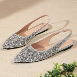 3638-1 Summer Elegant Luxury Women's Golden Silvery Rhinestone Open Back Flat Toe Studded Walking Party Commute Office Sandals