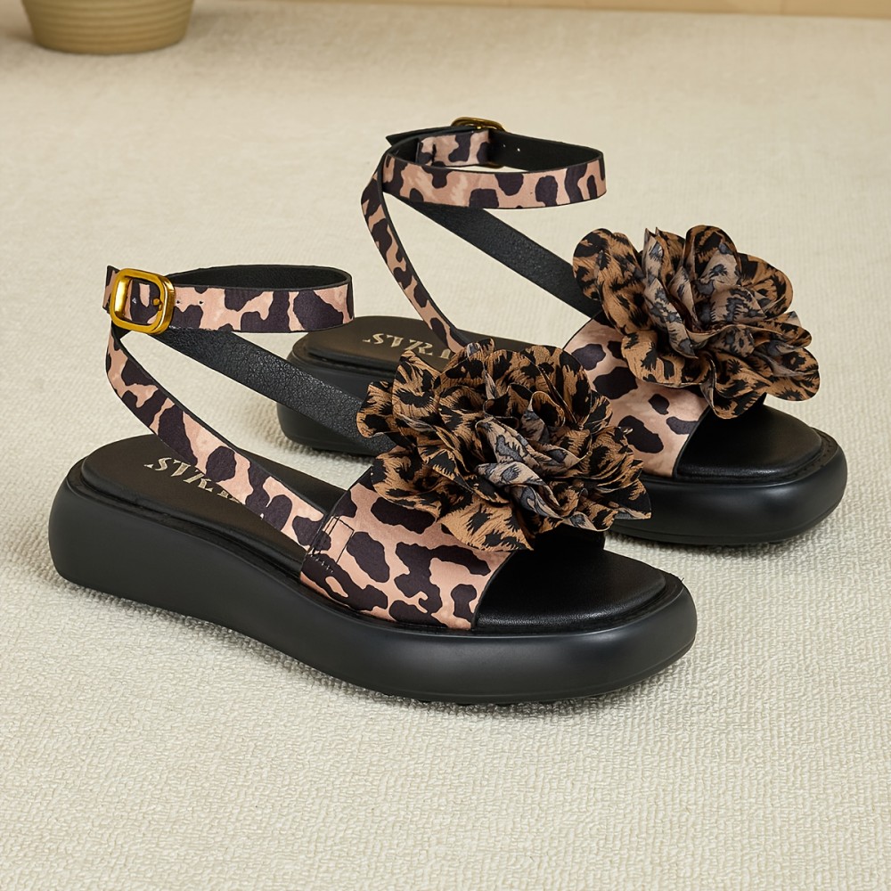 Women'S Leopard Print Flat Sandals with Floral Accents - Comfortable Soft Fabric Upper, Ankle Strap & Buckle Closure, Open-Toe Summer Beach Vacation Shoes, Casual Footwear, Stylish Flat Shoes, Durable Footwear Construction, Vacation Footwear, Trendy Footwear, Comfortable Insole, Vacation Essentials