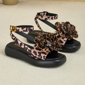 Women'S Leopard Print Flat Sandals with Floral Accents - Comfortable Soft Fabric Upper, Ankle Strap & Buckle Closure, Open-Toe Summer Beach Vacation Shoes, Casual Footwear, Stylish Flat Shoes, Durable Footwear Construction, Vacation Footwear, Trendy Footwear, Comfortable Insole, Vacation Essentials