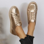 New Women's Golden Casual Sneakers - Versatile Lace-Up Low-Top Design with PU Cover Upper & Breathable Mesh Lining, Comfortable TPR Sole for All-Season Wear, Perfect for Everyday Outfits & Casual Outings, Outfit Complements, Plain Shoe Style, Durable Footwear