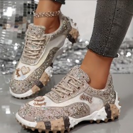 Women'S Sparkling Rhinest-Em Thick-Soled Sneakers - Stylish Low-Top Lace-Up Casual Shoes with Round Toe, Fabric Upper & Rubber Sole for All-Season Outdoor Wear, Ladies Sneakers, Allseason Footwear, Durable Traction Footwear