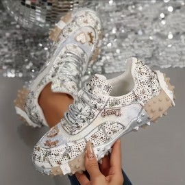 Women'S Sparkling Rhinest-Em Thick-Soled Sneakers - Stylish Low-Top Lace-Up Casual Shoes with Round Toe, Fabric Upper & Rubber Sole for All-Season Outdoor Wear, Ladies Sneakers, Allseason Footwear, Durable Traction Footwear