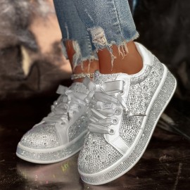 Women's Rhinestone-Embellished Low-Top Lace-Up Sneakers - Sparkling Crystal Accents, Breathable Fabric Upper & Rubber Sole, Round Toe Comfort for Casual & Semi-Formal Wear, Versatile Fashion Shoes, Decorative Lace Shoes, Durable Footwear, Casual Attire, Stylish Sneakers, Quality Construction, Stylish Ladies