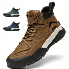 Men's Heavy-Duty Outdoor Hiking Boots - PU/Fabric Upper, Rugged Rubber Sole, Lace-Up Ankle Trekking Shoes for Mountain, Trail, Camping & Urban - Multi-Color Options (Navy/Tan//Dark Brown) - Short Height