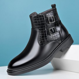 Men's Business Dress Ankle Boots, with a Convenient Side Zipper Design, Unique Crocodile Texture and Double Buckles, Non-Slip Thick-Soled Ankle Boots for Office, Weddings, and Parties,  Professional Attire, Stylish Ankle Boots, Modern Menswear