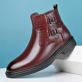 Men's Business Dress Ankle Boots, with a Convenient Side Zipper Design, Unique Crocodile Texture and Double Buckles, Non-Slip Thick-Soled Ankle Boots for Office, Weddings, and Parties,  Professional Attire, Stylish Ankle Boots, Modern Menswear