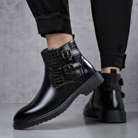 Men's Business Dress Ankle Boots, with a Convenient Side Zipper Design, Unique Crocodile Texture and Double Buckles, Non-Slip Thick-Soled Ankle Boots for Office, Weddings, and Parties,  Professional Attire, Stylish Ankle Boots, Modern Menswear