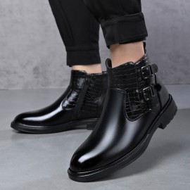 Men's Business Dress Ankle Boots, with a Convenient Side Zipper Design, Unique Crocodile Texture and Double Buckles, Non-Slip Thick-Soled Ankle Boots for Office, Weddings, and Parties,  Professional Attire, Stylish Ankle Boots, Modern Menswear