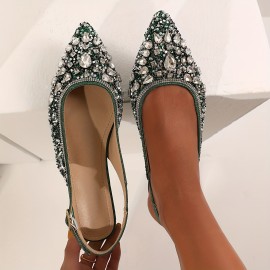 Sparkling Rhinestone-Encrusted Women's Pointed-Toe Mules - Elegant Open-Toe Sandals with Ankle Strap & Buckle Closure, Glittering Synthetic Cover Upper, Comfortable Flat Heel for Parties, Weddings, Semi-Formal Events - All-Season Versatile Dress Shoes, Low Heel Sandals for Women, Wide Fit Shoes for Women Plus Size, Sandals for Women High Quality, Womens Shoes Dressy, Flat Shoes for Women Elegant