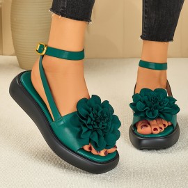 Women's Summer Platform Sandals with Large Floral Decor - Adjustable Ankle Strap, Soft Cushioned Insole & Arch Support, Thick Sole - Green Faux Cover Beach Shoes for Vacation, Party, Casual Outfits - Comfortable Flat Sandals for Women