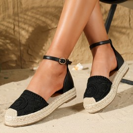 Women's Solid Color Stylish Sandals, Straw Woven Platform Ankle Strappy Beach Shoes, Closed Toe Espadrilles Vacation Shoes