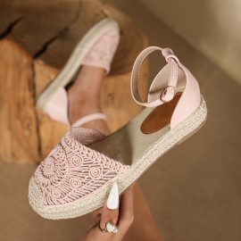 Women's Solid Color Stylish Sandals, Straw Woven Platform Ankle Strappy Beach Shoes, Closed Toe Espadrilles Vacation Shoes
